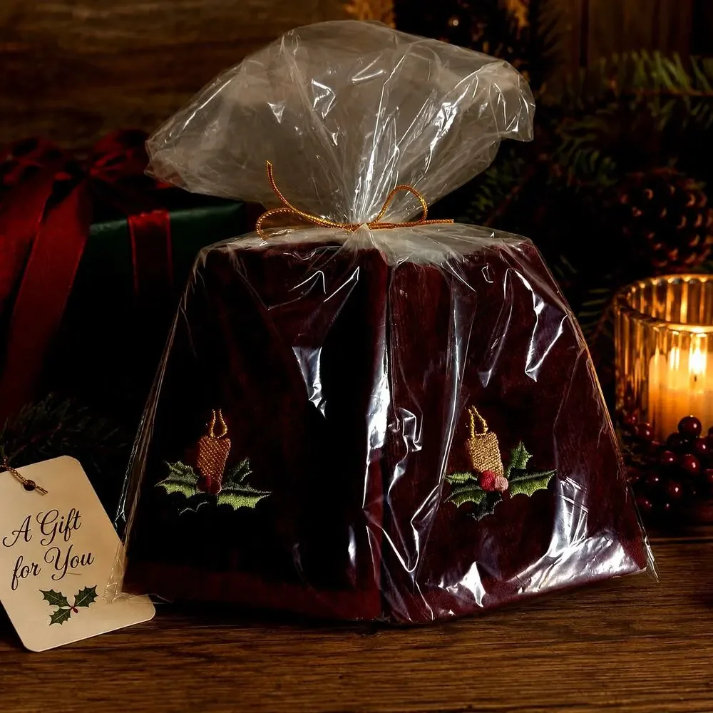 🛀🏻🍂2 Vintage Brown Holiday Washcloth Set Candle Holly Embroidered Christmas